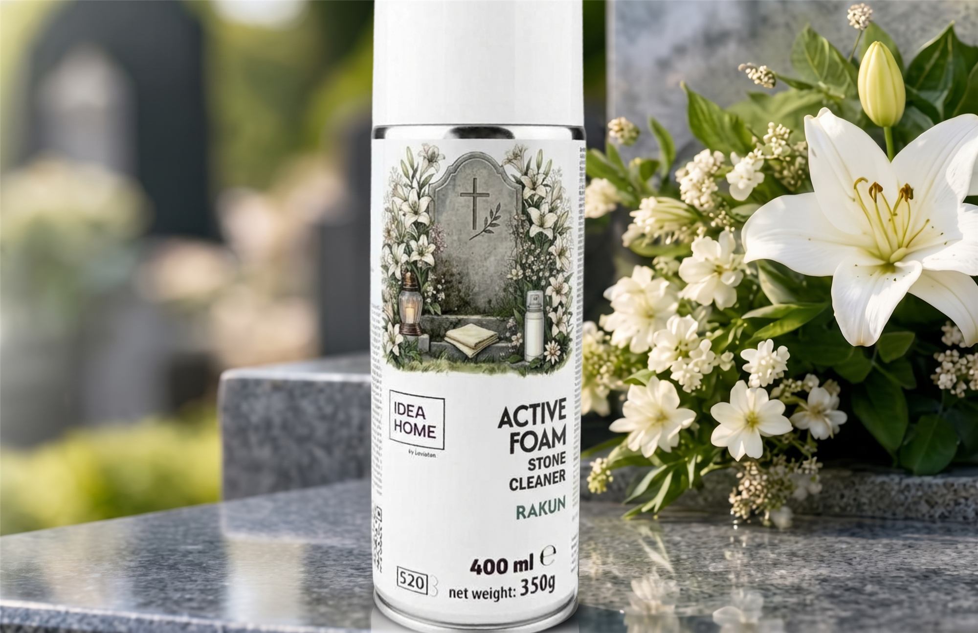 Aktywna piana RAKUN Active Foam 400 ml na granitowym nagrobku obok białych lilii