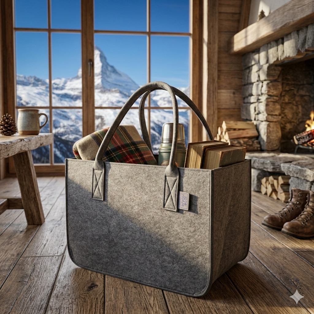Filztasche mit Decke, Thermoskanne und Büchern am Kamin