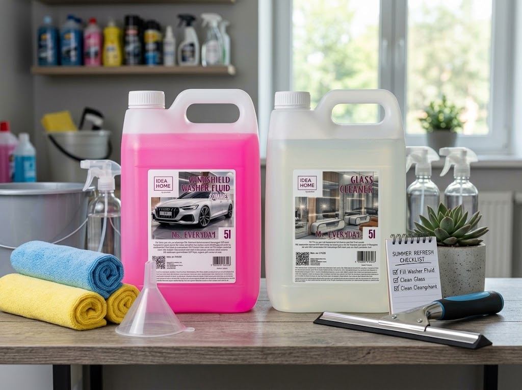 MS. EVERYDAY summer screenwash and glass cleaner 5 l on a table with cleaning accessories