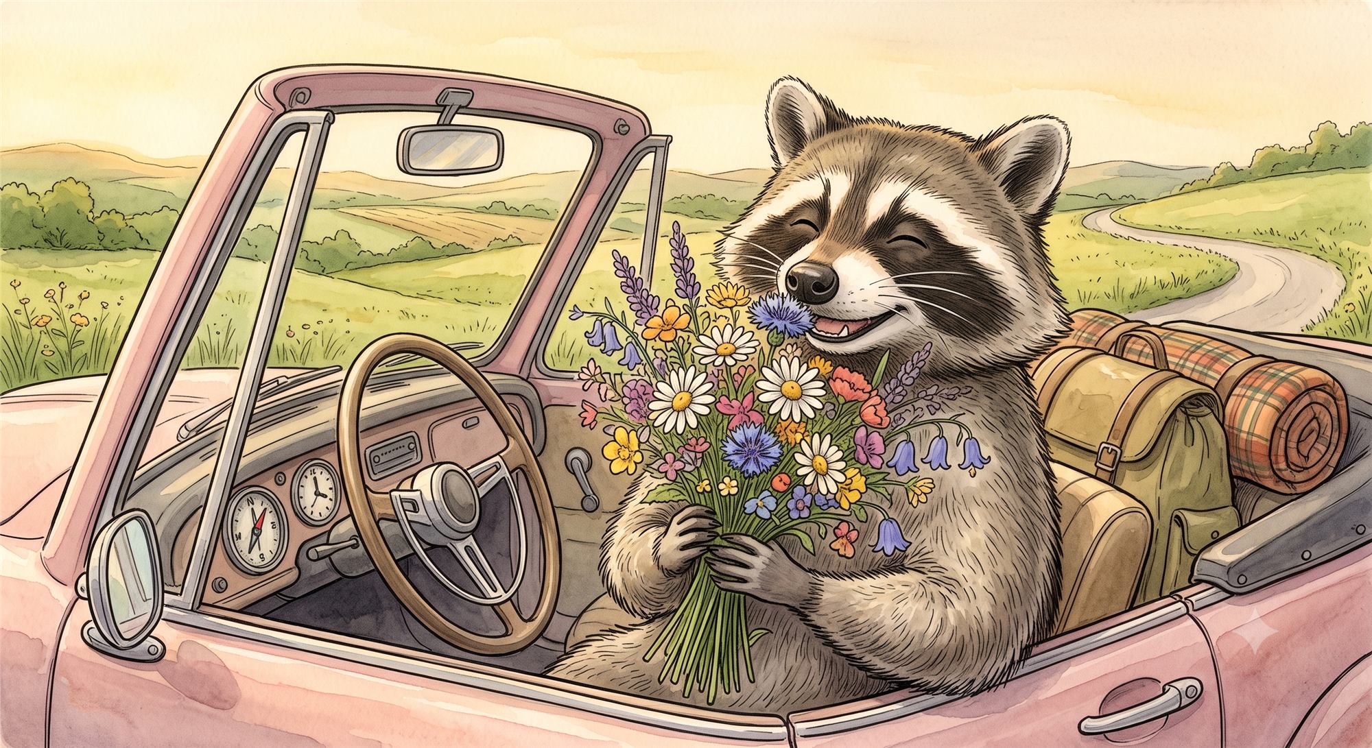 RAKUN range illustration: a raccoon with a bunch of wildflowers in a pink convertible